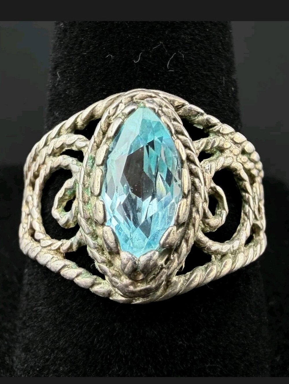 Large Blue Topaz Sterling Silver Statement Ring Size 7 - OrnateFloral Filigree
